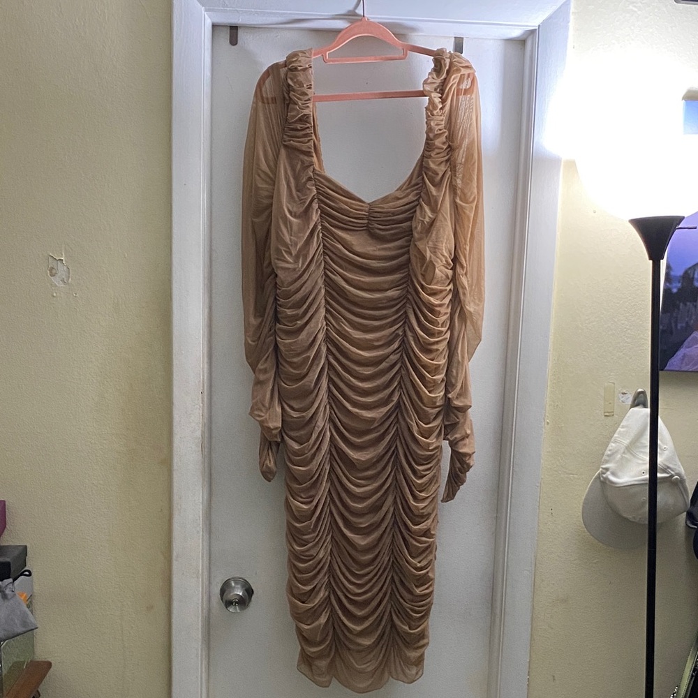 Fashion Nova Tan Long Sleeve Ruched Dress